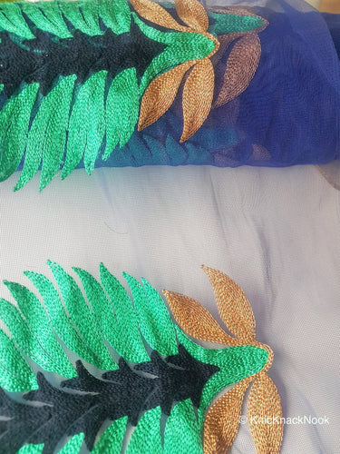 Wholesale Blue Soft Net Lace Trim With Blue, Green And Gold Embroidered Leaves, Indian Trims
